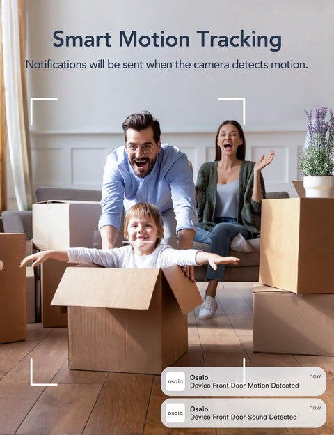 Family playing with boxes, illustrating 2K Indoor Security Cam Bundle 4-Pack, 360-Degree Motion Detection for Pets and Baby.