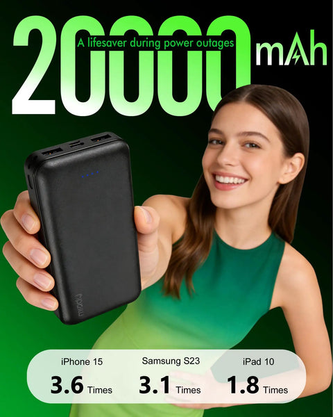 Woman holding Two Pack Portable Charger PD 22.5W Power Bank 20000mAh Fast Charge For Phone Tablet And Earbuds On The Go