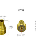 Pro Grade TIG Gas Lens Kit With Collet Body 45V44 And 13N23, brass collet body with dimensions and specifications.