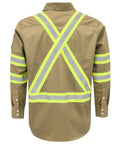 Back view of Hi Vis Flame Resistant Work Shirt For Men 7.5oz Khaki Cotton Twill FR With Reflective Tape ANSI ISEA 107 Type O Class 1