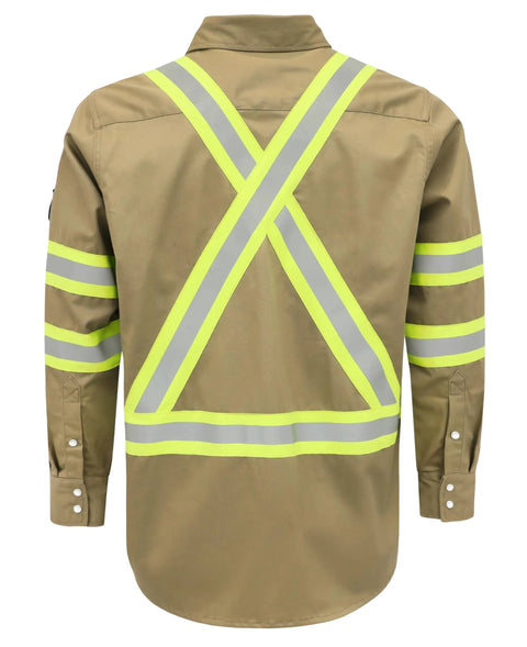 Back view of Hi Vis Flame Resistant Work Shirt For Men 7.5oz Khaki Cotton Twill FR With Reflective Tape ANSI ISEA 107 Type O Class 1