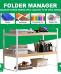 Slick Two Tier Desk Shelf Organizer With White Shelves And Wood Frames For Hassle Free Desktop Organization And Smart Vertical Storage To Keep Your Workspace Chill And Clutter Free Book Holder And Caddy with books and stationery.