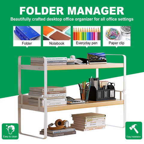 Slick Two Tier Desk Shelf Organizer With White Shelves And Wood Frames For Hassle Free Desktop Organization And Smart Vertical Storage To Keep Your Workspace Chill And Clutter Free Book Holder And Caddy with books and stationery.