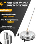 14 Inch Pressure Washer Surface Cleaner With Four Wheels Stainless Steel Construction shown with max 4000 PSI