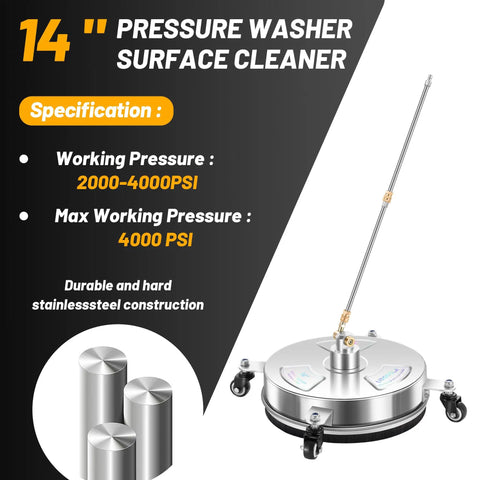 14 Inch Pressure Washer Surface Cleaner With Four Wheels Stainless Steel Construction shown with max 4000 PSI