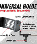 Heavy Duty Dash Mount Cell Phone Holder With Solid Carbon Fiber And Kevlar Arm For Any Smartphone iPhone Android Cradles Securely On 20mm Dashboard Balls And Stays Locked Down Tight During Every Cruise, featuring metal construction and spring-loaded grip.