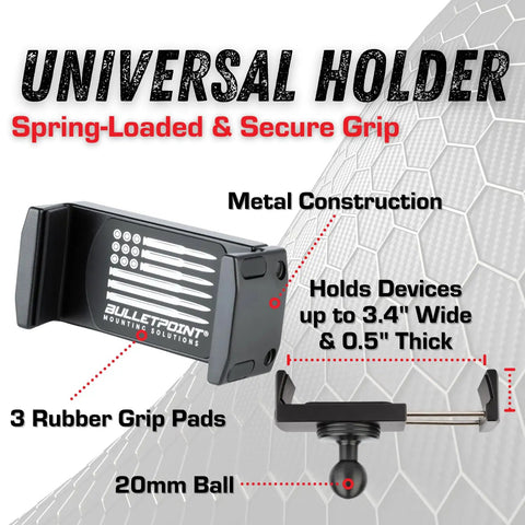 Heavy Duty Dash Mount Cell Phone Holder With Solid Carbon Fiber And Kevlar Arm For Any Smartphone iPhone Android Cradles Securely On 20mm Dashboard Balls And Stays Locked Down Tight During Every Cruise, featuring metal construction and spring-loaded grip.
