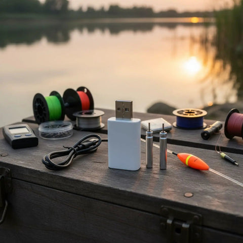 Smart LED CR322 Battery Charger Set with USB Power on fishing box with night floats and bobbers, lakeside at sunset.