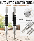5 Inch Automatic Center Punch With 2 Spare Tips Adjustable Tension Spring Steel Marking Tool shown in front and side views.