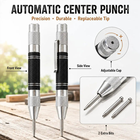 5 Inch Automatic Center Punch With 2 Spare Tips Adjustable Tension Spring Steel Marking Tool shown in front and side views.