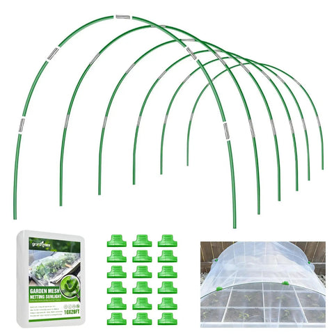 All In One Garden Netting Kit With 36 Fiberglass Hoops And 30 Connectors shown with netting setup and accessories