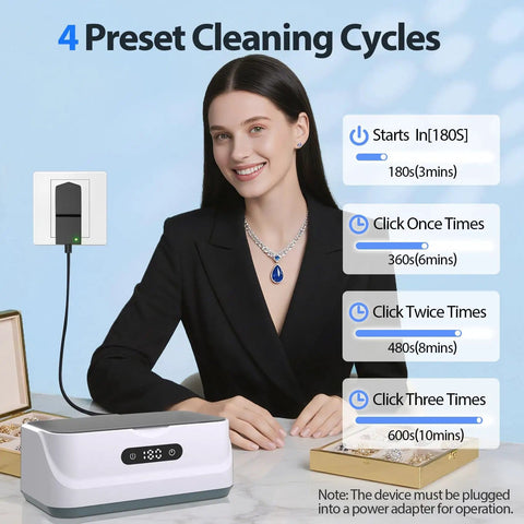 Woman using Ultrasonic Jewelry Cleaner 24W With 48kHz High Frequency Waves Digital Timer Four Cleaning Modes lit with timer display.