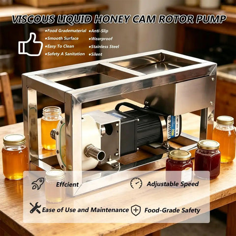 Heavy Duty High Viscosity Fluid Transfer Pump With Adjustable Speed Motor For Moving Honey Syrup Sauce And Thick Condiments Using 300cm Hose At 8kg Per Minute For Big Commercial Kitchens And Food Service Jobs on a wooden table with jars of honey.
