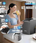 Woman using Chewable Nugget Ice Maker For Countertop Cranks Out 40 Lbs Per Day Of Soft Pellet Ice In 10 Minutes Self Cleaning Sonic Ice Machine For Home Kitchen And Office Black Stainless