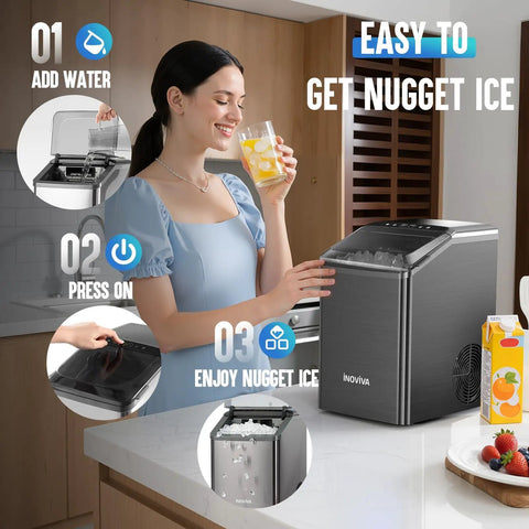 Woman using Chewable Nugget Ice Maker For Countertop Cranks Out 40 Lbs Per Day Of Soft Pellet Ice In 10 Minutes Self Cleaning Sonic Ice Machine For Home Kitchen And Office Black Stainless