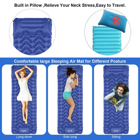 Ultralight Sleeping Pad With Built-In Pump For Camping And Hiking, blue mat demonstrating different sleeping positions