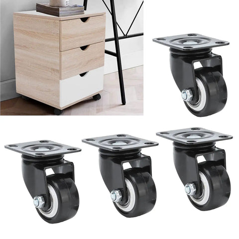 Rcniso Universal 1.5 Inch Silent Furniture Caster, 360° Rotation for Cabinet Legs, Shelf Legs, Stainless Steel, 4 Pieces with black wheels.