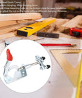 Double Head Elbow Joint Clamp With 45kg Clamping Power And 30mm Stroke Quick Release Push Pull Clamp For Woodworking Fixtures Pocket Hole Jigs Welding And Cross Cut Projects Easy Mounting And Durable Heavy Duty Construction, Workshop Ready silver metal clamp on woodworking jig with red handle