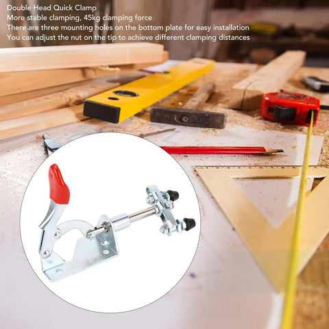 Double Head Elbow Joint Clamp With 45kg Clamping Power And 30mm Stroke Quick Release Push Pull Clamp For Woodworking Fixtures Pocket Hole Jigs Welding And Cross Cut Projects Easy Mounting And Durable Heavy Duty Construction, Workshop Ready silver metal clamp on woodworking jig with red handle
