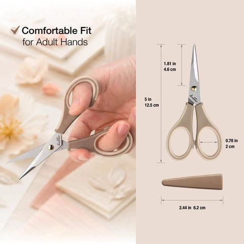 Ultra Sharp Precision Craft Scissors With Stainless Steel Blades And Non Slip TPR Handles, Scrapbooking Scissors For Adults And Kids With Safety Cap, Ideal For Home Office School Milk Tea Color, 5 in