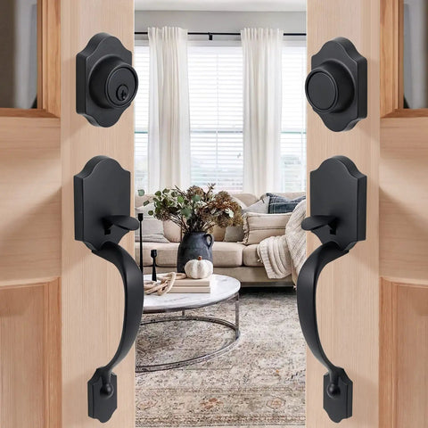 Beefy Matte Black Double Door Lock Set With Deadbolt And Dummy Front Handle Dope Door Hardware For Bedroom Or Living Room Zinc Alloy Construction ANSI BHMA Class 3 Security Easy Install