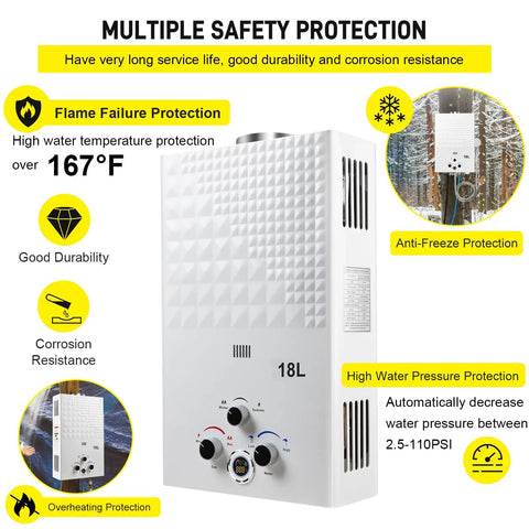 Propane Tankless Water Heater 4.74 GPM 18L Outdoor Portable Gas Hot Water Heater With Digital Display And Multi Protection