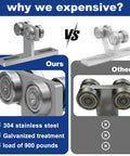 Comparison of upgraded 304 stainless steel electric hoist trolley roller for 1-5/8 inch wide Unistrut channel versus competitor product.