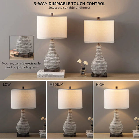 Farmhouse Table Lamp Set Of 2 With 3 Way Touch Control USB Ports And AC Outlet Includes Dimmable LED Bulbs, showing brightness settings