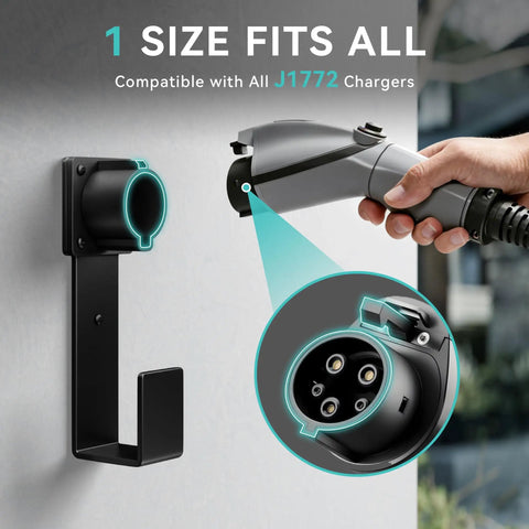 Rugged Boss J1772 EV Charger Holder Wall Mount Keeps Your Charging Handle Dock And Cable Organizer Locked Down With Rust Resistant Stainless Steel Storage Box For Everyday Garage Use, showcasing a black wall mount and EV charger.