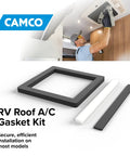 RV Camper Roof AC Gasket Kit 14 Inch By 14 Inch With Waterproof Compression Seal Self Adhesive Picture Frame Gasket And Leveling Pads Three Piece Set For Roof Mounted Air Conditioner displayed with black frame gasket and leveling pads.
