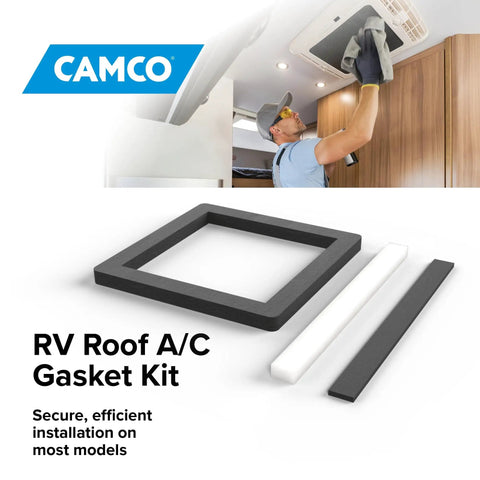 RV Camper Roof AC Gasket Kit 14 Inch By 14 Inch With Waterproof Compression Seal Self Adhesive Picture Frame Gasket And Leveling Pads Three Piece Set For Roof Mounted Air Conditioner displayed with black frame gasket and leveling pads.