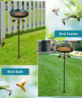 38 Inch Vintage Bird Bath With Five Prong Stake For Outdoor Gardens, metal design, butterfly edge, installed on grass