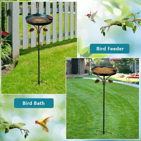 38 Inch Vintage Bird Bath With Five Prong Stake For Outdoor Gardens, metal design, butterfly edge, installed on grass