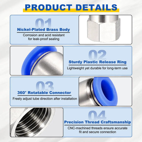 Product details of Ten Piece Push To Connect Fittings Set For 0.47 Inch OD Tubing With One Eighth NPT Female Threads Nickel Plated Brass