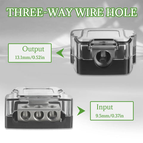 Three Way Car Audio Power Distribution Block For Amplifier Input Accepts 0, 2, And 4 AWG Wires Output Provides Three Posts For 4 And 8 AWG Wires Easy Install Nickel Plated Internals Resist Corrosion Heavy Duty Hub For Clean Power And Reduced Noise. three-way wire hole block, 13.1mm output, 9.5mm input