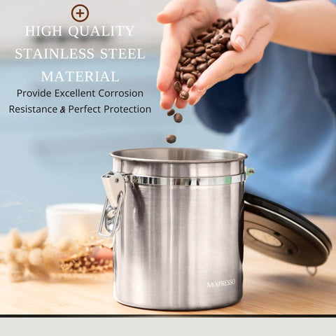 16 Ounce Stainless Steel Coffee Canister With Scoop For Fresh Beans, Airtight Storage With One Way CO2 Valve And Date Tracker Lid