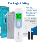 Non Contact Baby Ear And Forehead Infrared Thermometer For Busy Moms And Dads With 1 Second Reading Auto Switch Between Ear And Forehead 4 Color Backlight Fever Indicator Fast Accurate Temperature For Home Use kit with box, pouch, manual, and batteries