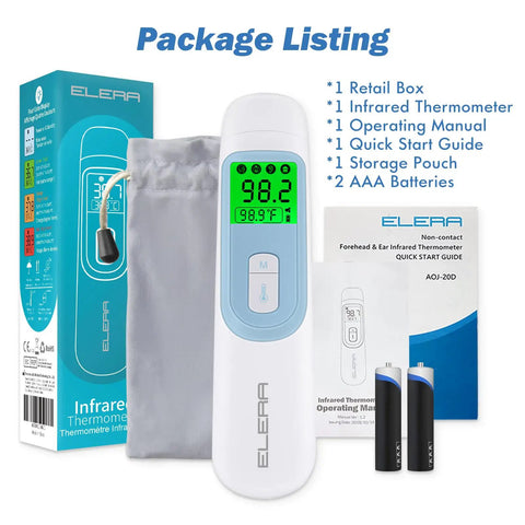 Non Contact Baby Ear And Forehead Infrared Thermometer For Busy Moms And Dads With 1 Second Reading Auto Switch Between Ear And Forehead 4 Color Backlight Fever Indicator Fast Accurate Temperature For Home Use kit with box, pouch, manual, and batteries