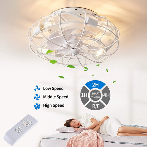 20 Inch Caged Ceiling Fan With Lights Remote Ultra Quiet Copper Motor 3 Speeds Reversible For Farmhouse Style White Finish