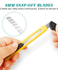 Box cutter knife, yellow retractable handle with 9mm snap-off blades; close-up side view