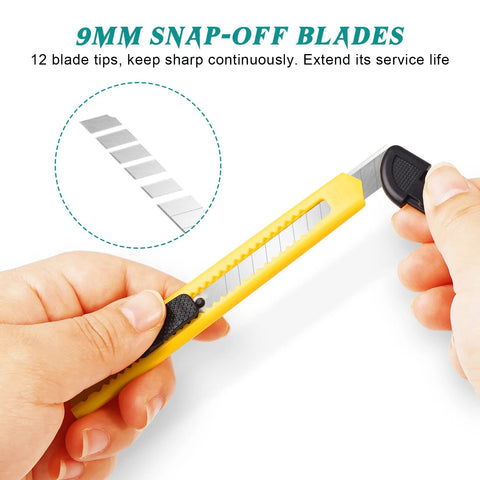 Box cutter knife, yellow retractable handle with 9mm snap-off blades; close-up side view