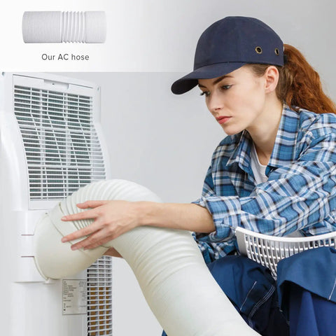 Person installing 5.9 Inch Portable AC Exhaust Hose With Counter Clockwise Thread Up To 59 Inch Length Universal Fit For Most Portable Air Conditioners Easy Venting And Quick Setup on unit