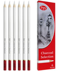 Pro Grade White Charcoal Pencil Set 6 Pre Sharpened Pencils For Drawing Sketching Blending And Shading Matte White Barrels Make ID A Breeze In Your Pencil Bag Great For Artists And Doodlers next to red and black box packaging.