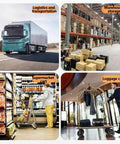 Grid showing logistics truck, warehouse with boxes, supermarket cart, bellhop with luggage cart, all using heavy-duty caster wheels.