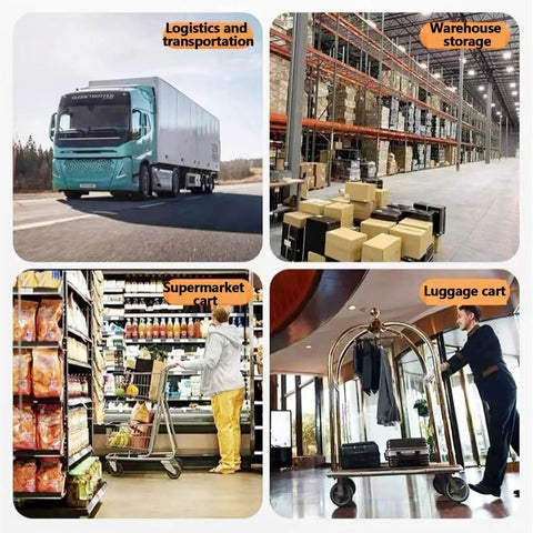 Grid showing logistics truck, warehouse with boxes, supermarket cart, bellhop with luggage cart, all using heavy-duty caster wheels.