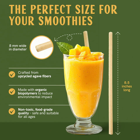 Jumbo Agave Straws Bulk Pack 1500 Count For Smoothies, Eco Friendly Compostable Drinking Straws Made From Upcycled Agave, Durable No Soggy Finish, Sustainable Everyday Use For Home And Parties, 8mm wide and 8.5 inches long in smoothie