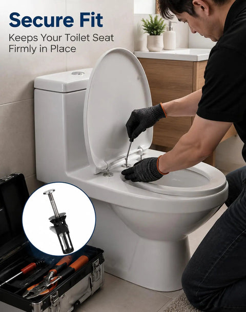 Heavy Duty Toilet Seat Fastener Bolt Kit 8 Piece Set Universal Replacement For Loose Or Damaged Seats Stainless Steel Mounting Hardware For Easy Install installed on toilet seat