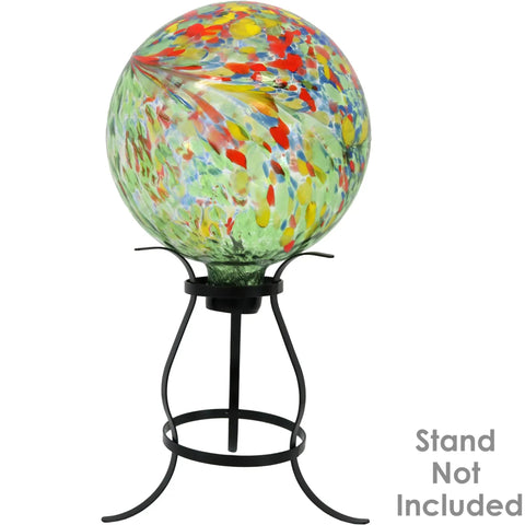 Green Artistic Glass Gazing Ball Globe Set Of Two, 10 Inch Garden Decor Orb with multicolor patterns, stand not included.
