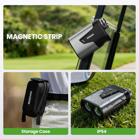 Golf Range Finder With Slope 1200 Yards Laser Distance Meter, magnetic strip, storage case, IP54, outdoor use.