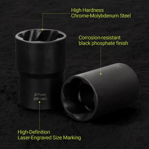 Close-up of Lug Nut Extractor Set 13 Piece Wheel Lock Removal Kit showing two 27mm sockets made from chromium molybdenum steel.